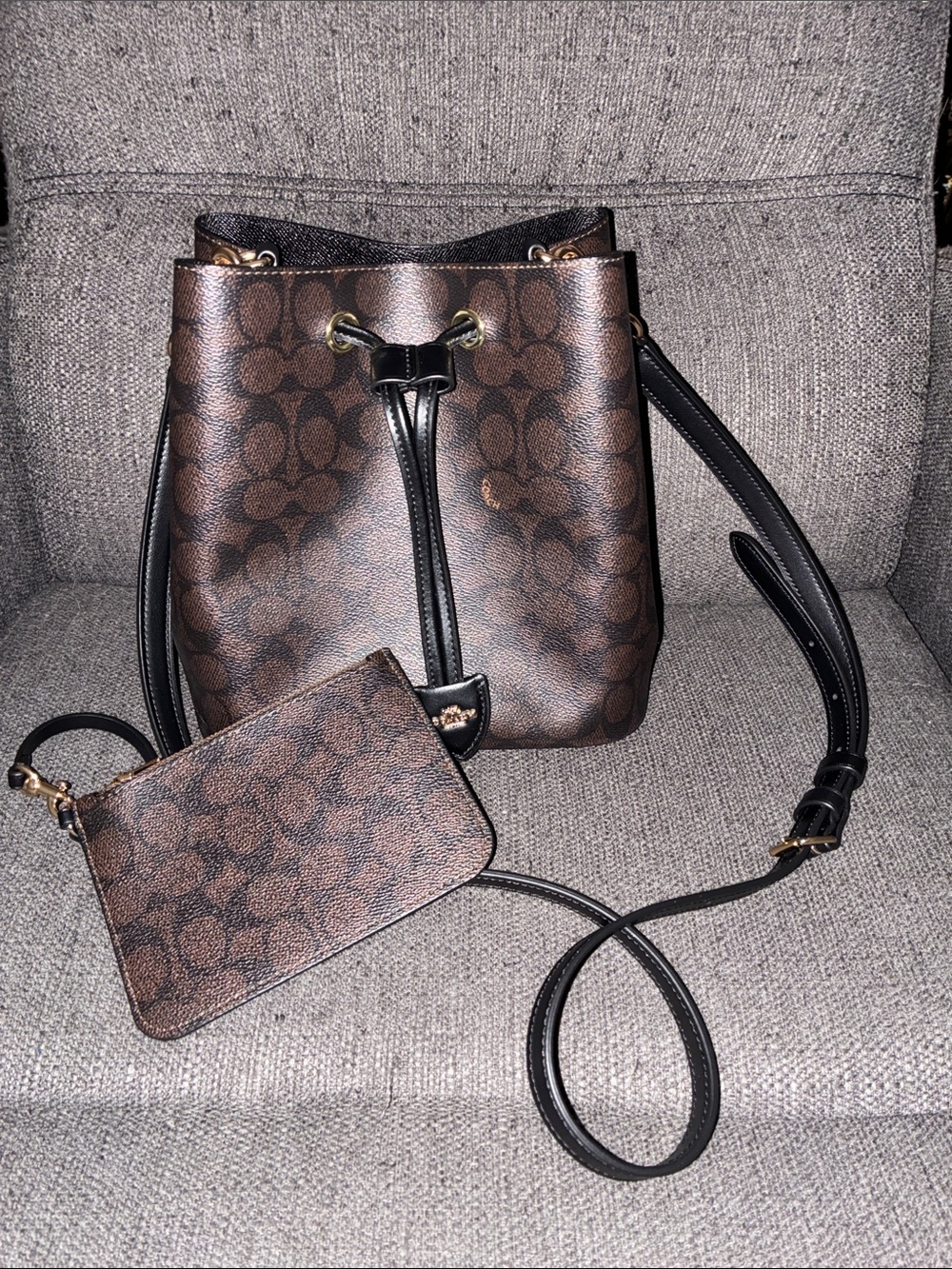 Coach Brown Signature Drawstring Rowan Bucket Crossbody with Pouch